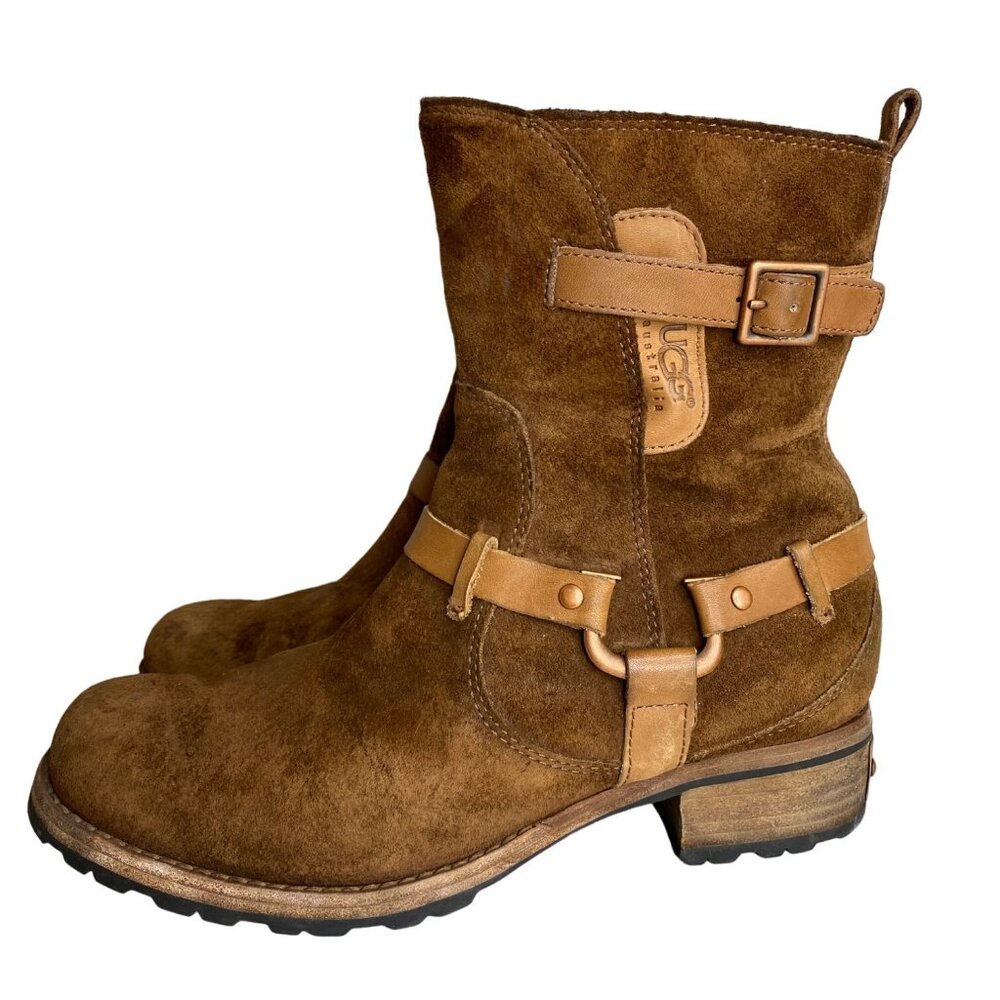 Ugg Endell Harness Biker Boots Brown Suede Shearling Lined Size 9